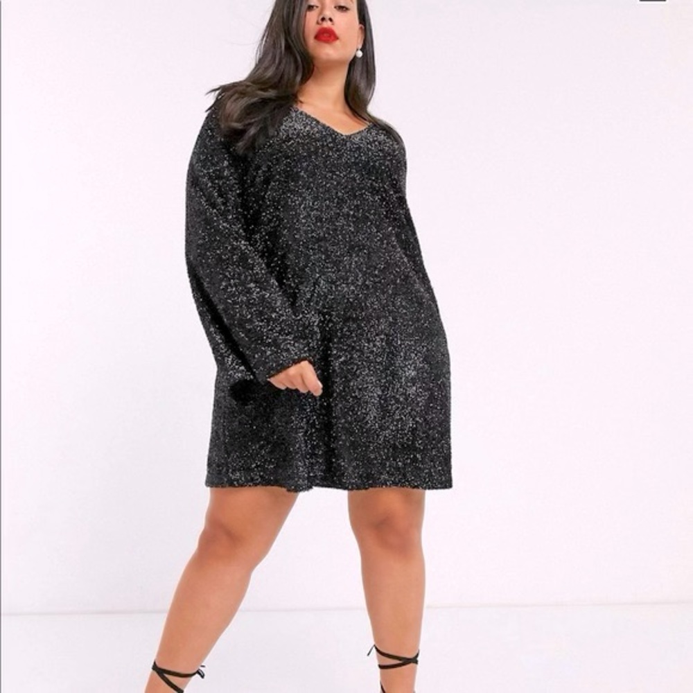 ASOS Curve Tinsel Mini Smock Dress with Bell Sleeves